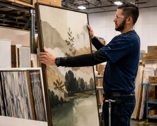 A man in a warehouse holds up a large framed landscape painting. The painting depicts a serene river scene with trees and misty mountains in muted beige, green, and brown tones.