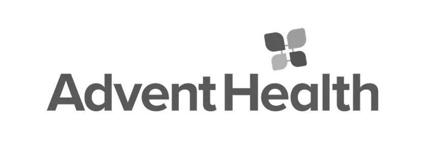 Advent Health logo in dark gray text with a small four-leaf clover icon above it on a white background.
