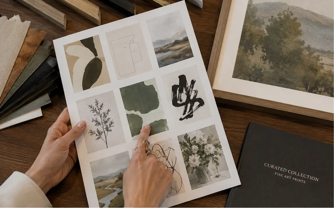 A person holds a printed sheet of nine fine art print previews over a wooden table, surrounded by art samples, a framed landscape print, and a black book labeled 'Curated Collection Fine Art Prints'.